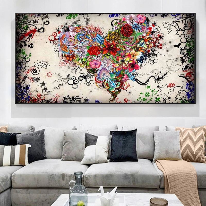 Abstrakti Naftos Tapyba ant Drobės Spalvinga Širdies Gėlės Plakatas ir Spausdinimo Sienos Meno Dekoratyvinis Nuotraukos Kambarį Namų Dekoro 4