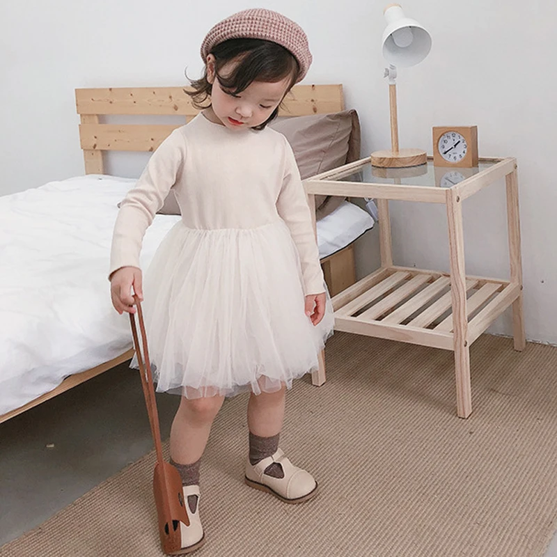 Nauja Rudens Mergaitės Medvilnės Tinklelio Sweet Baby Princess Dress O-kaklo, ilgomis Rankovėmis, Vaikams, Vaikų Drabužiai Suknelė LZ133 3