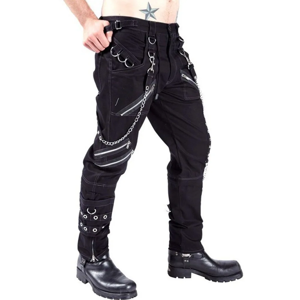 Vyriški Gothic Punk Rock Juodos Kelnės Naujos Mados Kniedės, Grandinės Hip Pop Atsitiktinis Palaidų Streetwear Vyras Ilgos Kelnės Safari Stiliaus Madinga 5