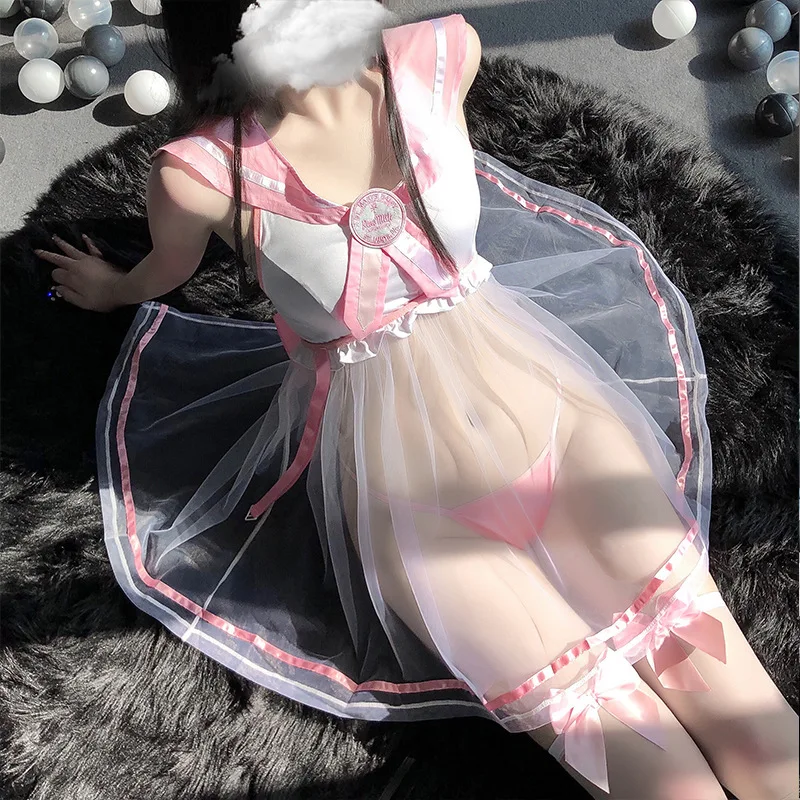 Anime Seksualus Cosplay Moksleivė Kostiumas Moterims Mielas Moteriškas Apatinis Trikotažas, Mėlyna Rožinė Matyti Per Slutty Suknelės Studentų Vienodas Striptizo Drabužiai 0