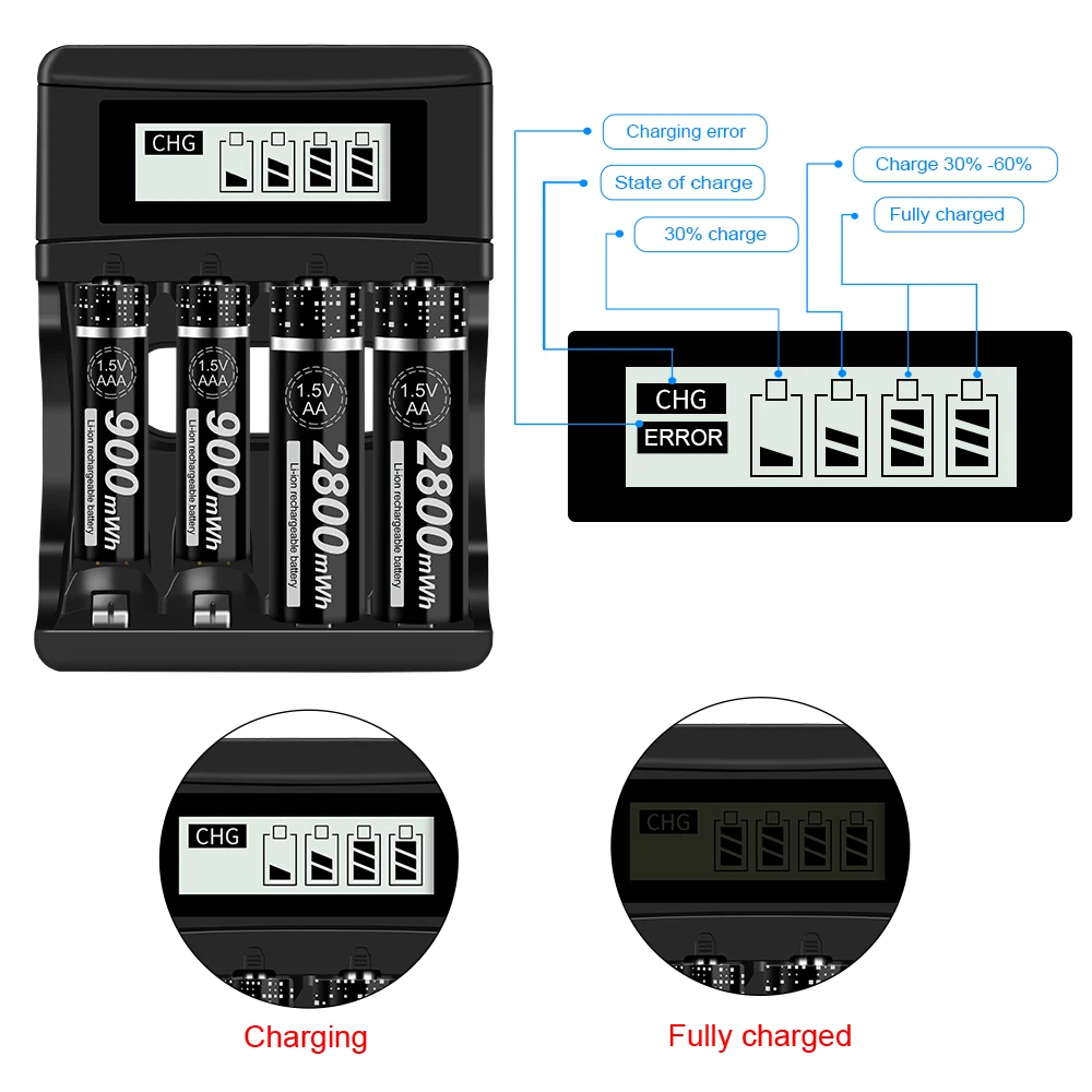 4 Slots LCD Ekranas Smart Baterijos Kroviklis 1,5 V AA AAA Ličio Li-ion Li jonų Liion Akumuliatorius 1