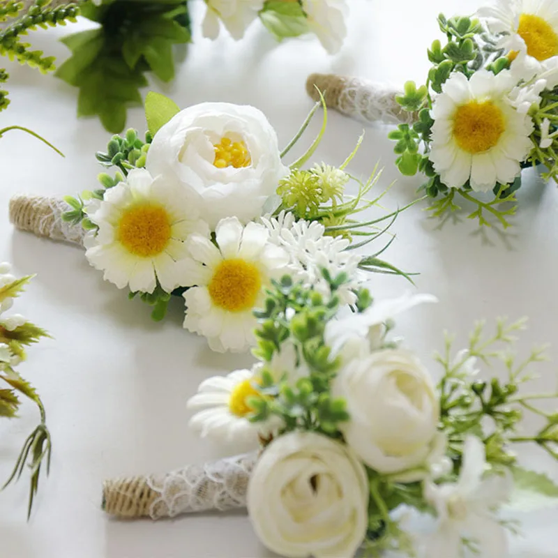 Nuotakos corsage groomsman vestuvių riešo ranka gėlių šalis dekoro balta daisy apyrankės aksesuarai, vestuvių dekoravimas 4
