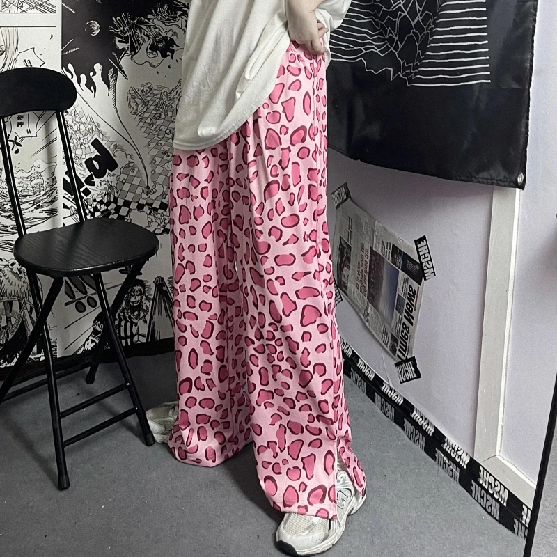 Vasaros Harajuku Vintage Laisvalaikio Kelnės Moterims Rožinė Kawaii Leopardas Spausdinti Negabaritinių Kelnių Kišenėje Bifurcation Streetwear Kelnės 2021 4