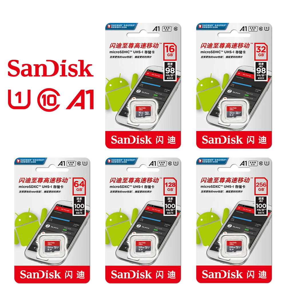 Originalios SanDisk Flash Kortelės Atminties Kortelę 32GB Micro SD Kortelė, Class 10 16 GB TF Kortele 64GB 128GB A1 U1 + adapteris + USB2. 0 card reader 5