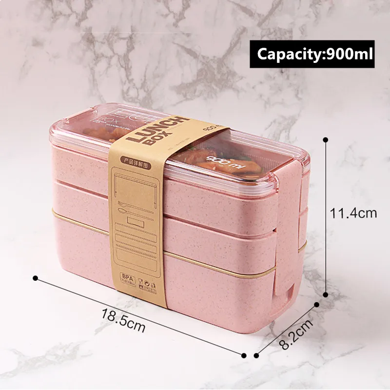 Sveikos medžiaga priešpiečių dėžutė 3-sluoksnis studentų kviečių šiaudų priešpiečių dėžutė atskirti, mikrobangų krosnelė, indai maisto produktams laikyti lauke priešpiečių dėžutė 900ml 5