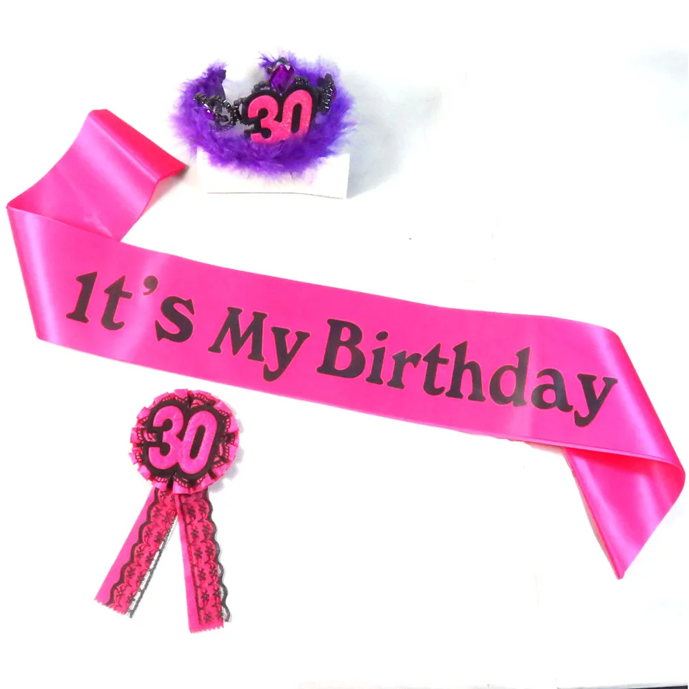 3pcs violetinė su gimtadieniu šalis dekoro ponios 30 šventė priedai rožinė tiara varčios nėrinių sagė kaip draugas, dovana, 0