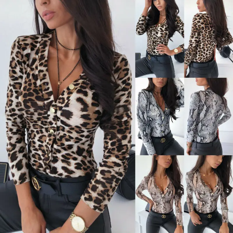 2019 M. Rudenį Palaidinė Moterų Mados Ilgomis Rankovėmis, Leopardas Spausdinimui V-Kaklo Viršūnes Leotard Elegantiškas Mygtukas Plonas Marškinėliai Atsitiktinis Womens Palaidinė 0