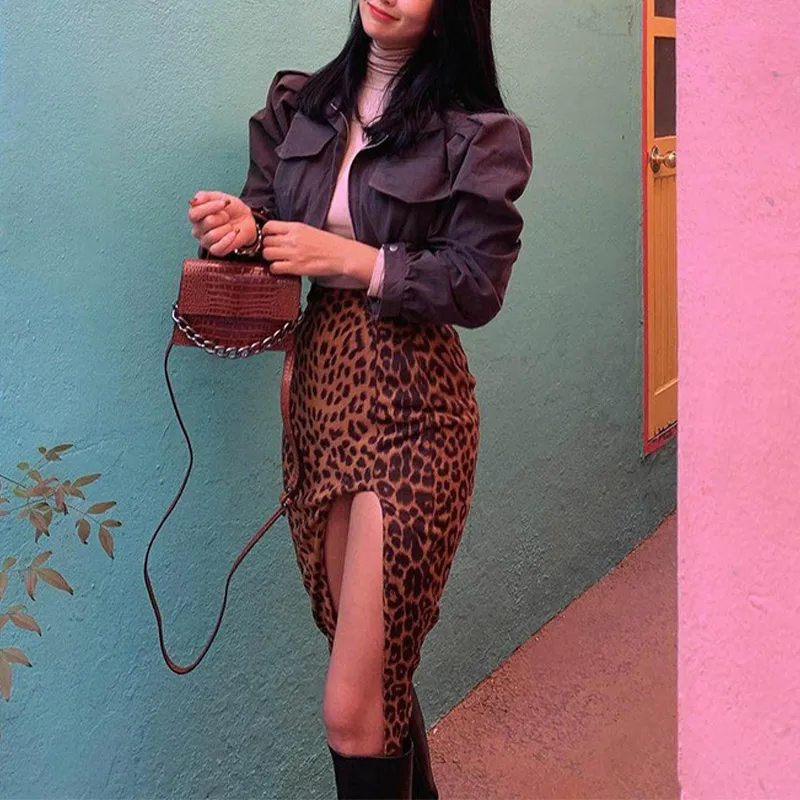 Leopardas Spausdinti Padalinta Moterų Mini Sijonai Aukšto Juosmens Užtrauktukas Slim Moterų Sijonas 2021 Seksualus Streetwear Paprastas Atsitiktinis Ponios Dugnas 1