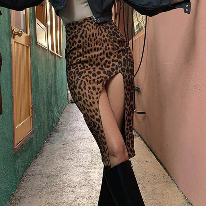 Leopardas Spausdinti Padalinta Moterų Mini Sijonai Aukšto Juosmens Užtrauktukas Slim Moterų Sijonas 2021 Seksualus Streetwear Paprastas Atsitiktinis Ponios Dugnas 5