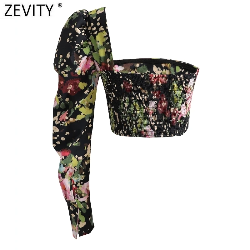 Zevity 2021 moterų Sexy Vieną Sluoksniuotos Rankovėmis Gėlių Spausdinti Slim Palaidinė Moteriška Atgal Elastinga Trumpi Marškinėliai Prašmatnus Trumpų Blusas Viršūnes LS9014 1
