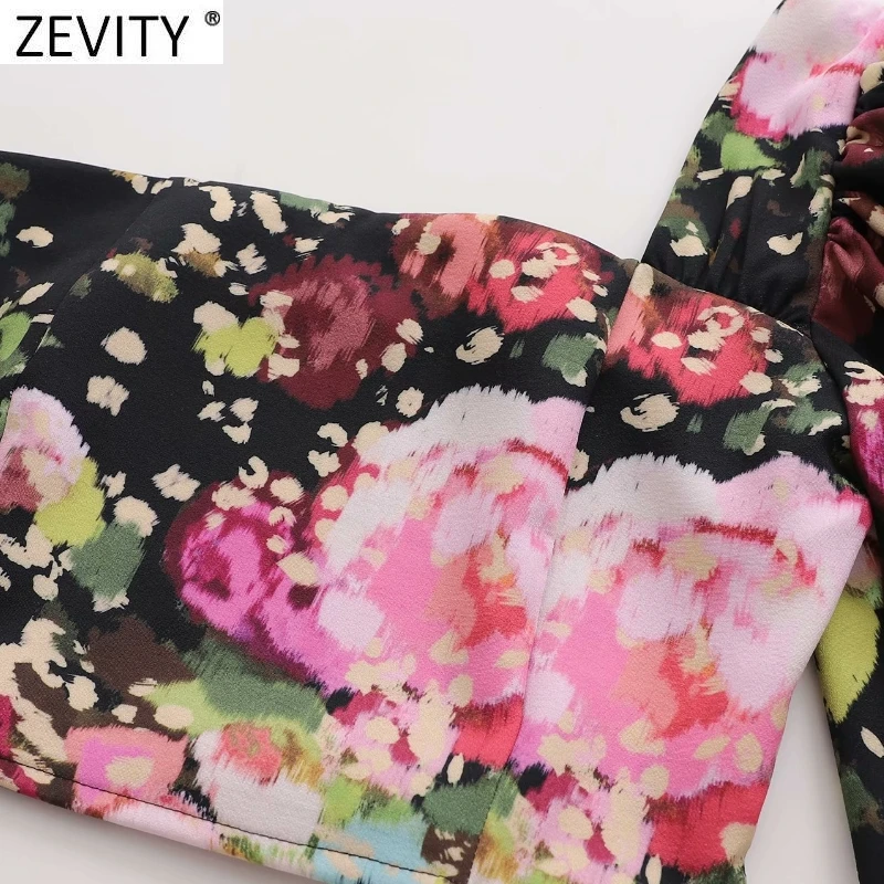 Zevity 2021 moterų Sexy Vieną Sluoksniuotos Rankovėmis Gėlių Spausdinti Slim Palaidinė Moteriška Atgal Elastinga Trumpi Marškinėliai Prašmatnus Trumpų Blusas Viršūnes LS9014 3