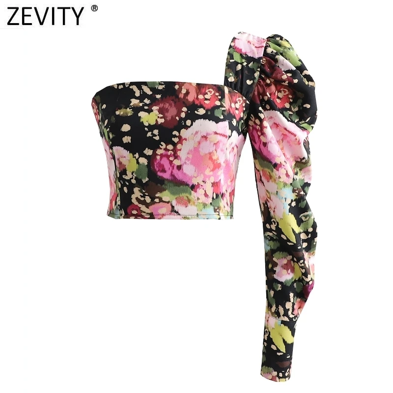 Zevity 2021 moterų Sexy Vieną Sluoksniuotos Rankovėmis Gėlių Spausdinti Slim Palaidinė Moteriška Atgal Elastinga Trumpi Marškinėliai Prašmatnus Trumpų Blusas Viršūnes LS9014 4