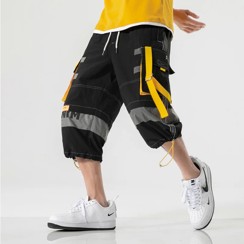 Vyrų Vasaros Mados Krovinių Šortai Nauji laisvi Hip-Hop Streetwear Kišenėje shorts Mens Punk Raišteliu Kaklaraištis kojomis Kvėpuojantis Kelnės 3