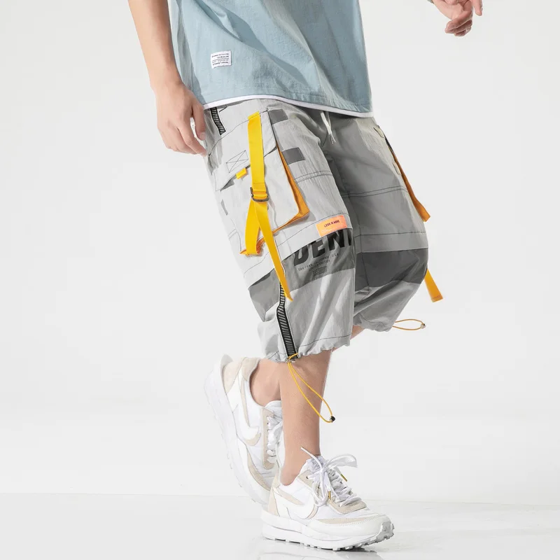 Vyrų Vasaros Mados Krovinių Šortai Nauji laisvi Hip-Hop Streetwear Kišenėje shorts Mens Punk Raišteliu Kaklaraištis kojomis Kvėpuojantis Kelnės 4