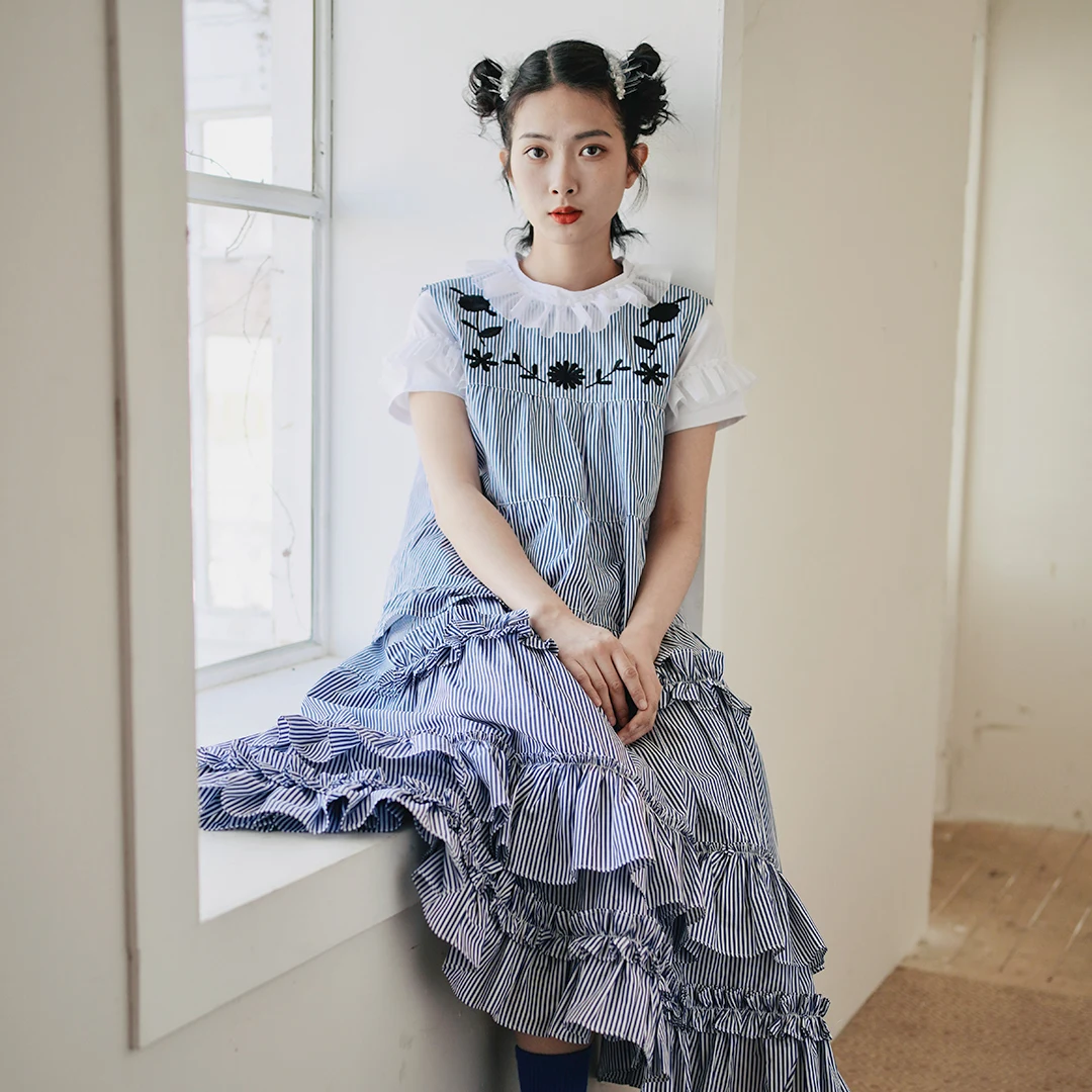 Imakokoni originalaus dizaino dryžuotas polka dot nėrinių pusė sijonas Japonijos laukinių plonas vidutinio ilgio sijonas moterų pavasarį ir vasarą 2