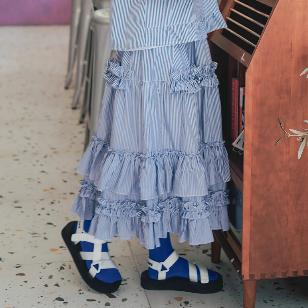 Imakokoni originalaus dizaino dryžuotas polka dot nėrinių pusė sijonas Japonijos laukinių plonas vidutinio ilgio sijonas moterų pavasarį ir vasarą 3