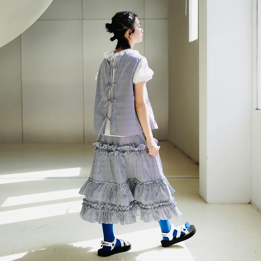 Imakokoni originalaus dizaino dryžuotas polka dot nėrinių pusė sijonas Japonijos laukinių plonas vidutinio ilgio sijonas moterų pavasarį ir vasarą 4