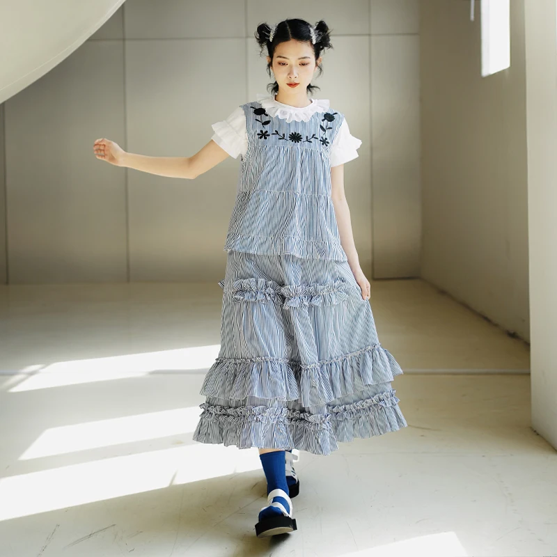 Imakokoni originalaus dizaino dryžuotas polka dot nėrinių pusė sijonas Japonijos laukinių plonas vidutinio ilgio sijonas moterų pavasarį ir vasarą 5