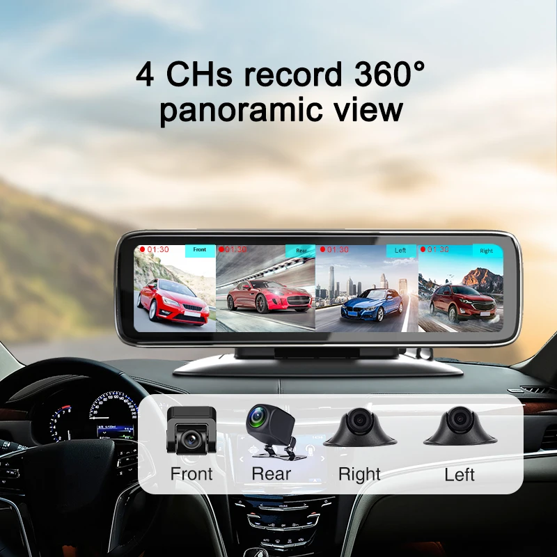 Naktinio matymo 4cams įrašyti smart veidrodis automobilių skaitmeniniai vaizdo įrašymo įrenginiai 360°24H stovėjimo stebėti MAX 256G 12in touch screen automobilinis video recorder 4 splitas 1