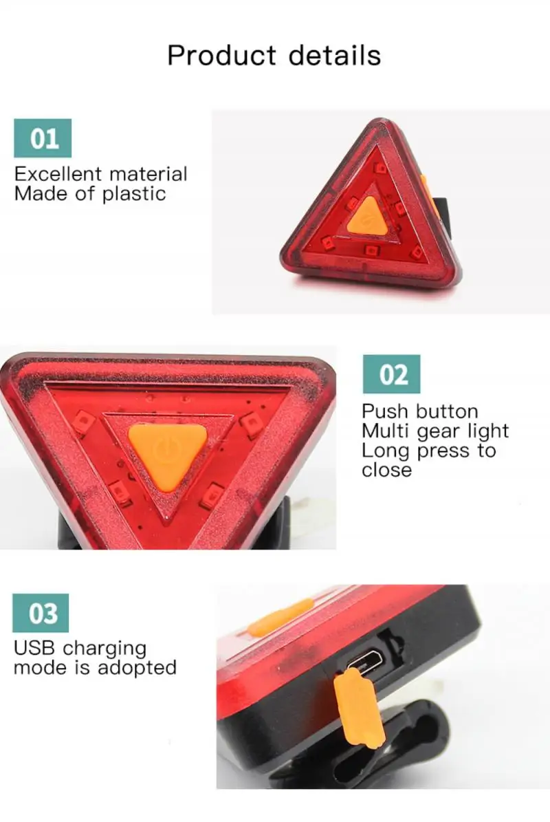 Raudonas Trikampis Dviračių Uodegos Šviesos diodų (LED Dviračio Galinis Žibintas USB Įkrovimo IPX4 Dviračių užpakalinis žibintas Naktį Jojimo Saugos Įspėjamieji Žibintai. 3