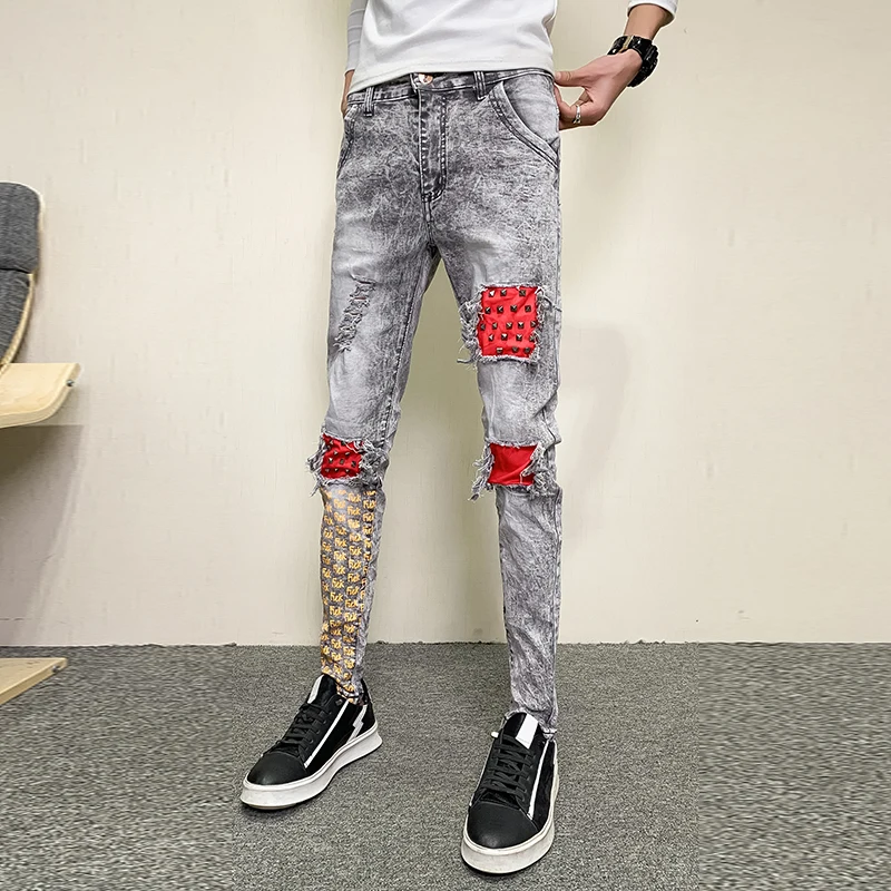Rudenį Naujų Mados Kniedės Dekoro Kankina Džinsai Vyrų Drabužiai Paprasta Spliced Dizaino Slim Fit Hip-Hop Džinsinio Audinio Kelnės Streetwear Kelnės 2