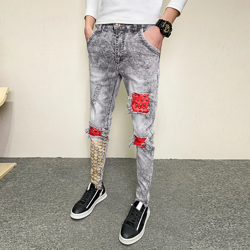 Rudenį Naujų Mados Kniedės Dekoro Kankina Džinsai Vyrų Drabužiai Paprasta Spliced Dizaino Slim Fit Hip-Hop Džinsinio Audinio Kelnės Streetwear Kelnės 3