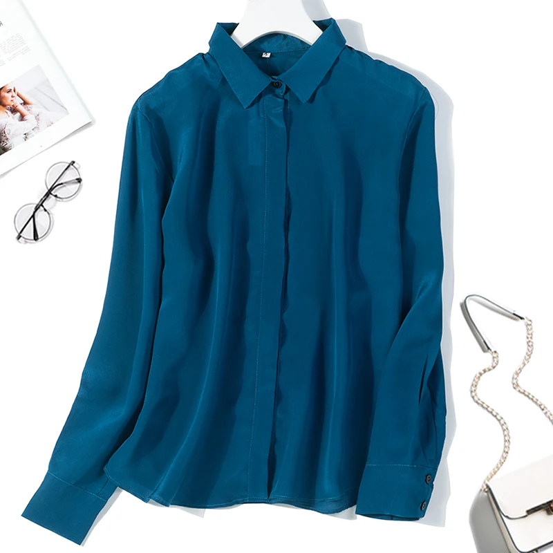 Moterų Mulberry Šilko Krepo Šilko Mėlyną Mygtuką žemyn ilgomis rankovėmis marškinėliai Viršuje Palaidinė Valstybės tarnybos darbą, M, L, XL JN582 3