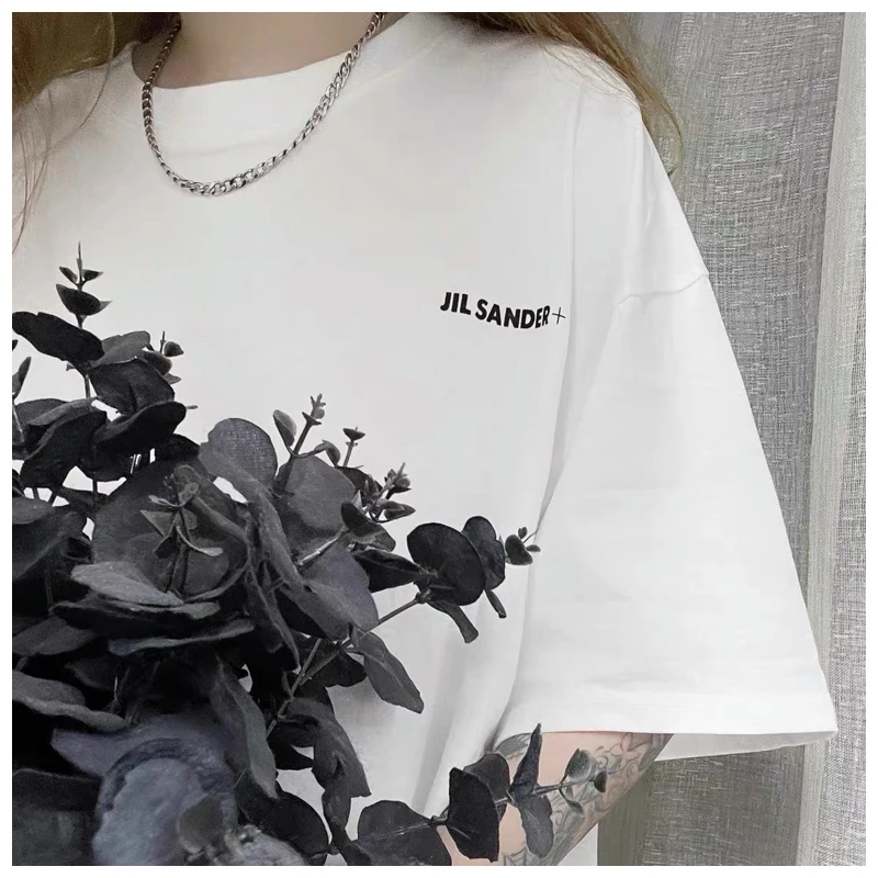 Europos mados gatvės stiliaus jil sander paprastu laišku spausdinti, medvilnės marškinėliai moterų mados prarasti trumpomis rankovėmis vyrams 1
