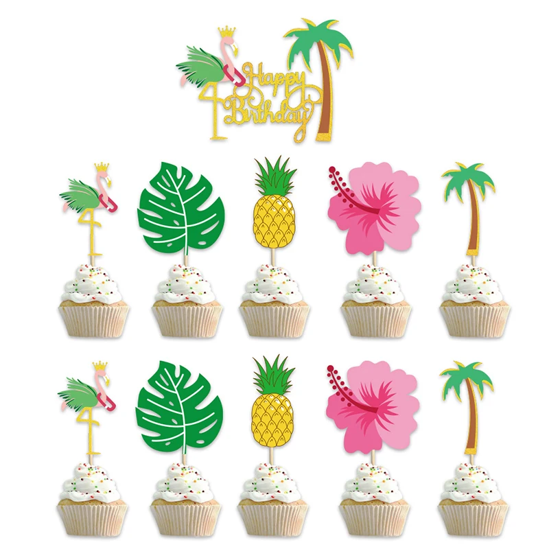 Havajai Gimtadienio Dekoracijas, Ananasų Flamingo Tortas Topper Palmių Lapų Cupcake Rėžtuvės Vasaros Atogrąžų Vaisių Luau Šalis Reikmenys 2