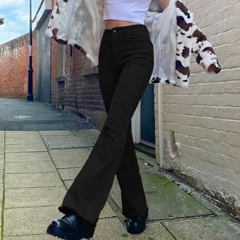 Ruda Sweatpants Moterų Kelnes Britų Stiliaus Aukšto Juosmens Ruožas Bell dugnu Džinsai Vaikino Mama Visas Ilgis Kutas Flare Kelnės 0