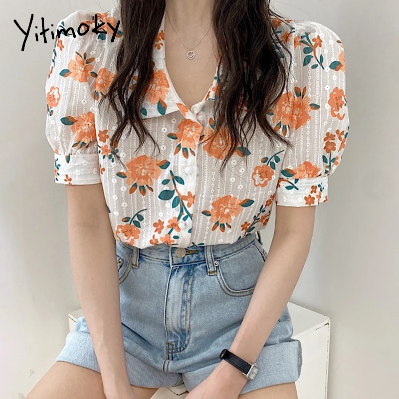 Yitimoky Spausdinti Moterų Marškinėliai Vasaros Gėlių Trumpas Sluoksniuotos Rankovėmis Korėjos Drabužių Mados Atsitiktinis Derliaus Viename Krūtinėmis Naujus Moteriškus Viršų 4