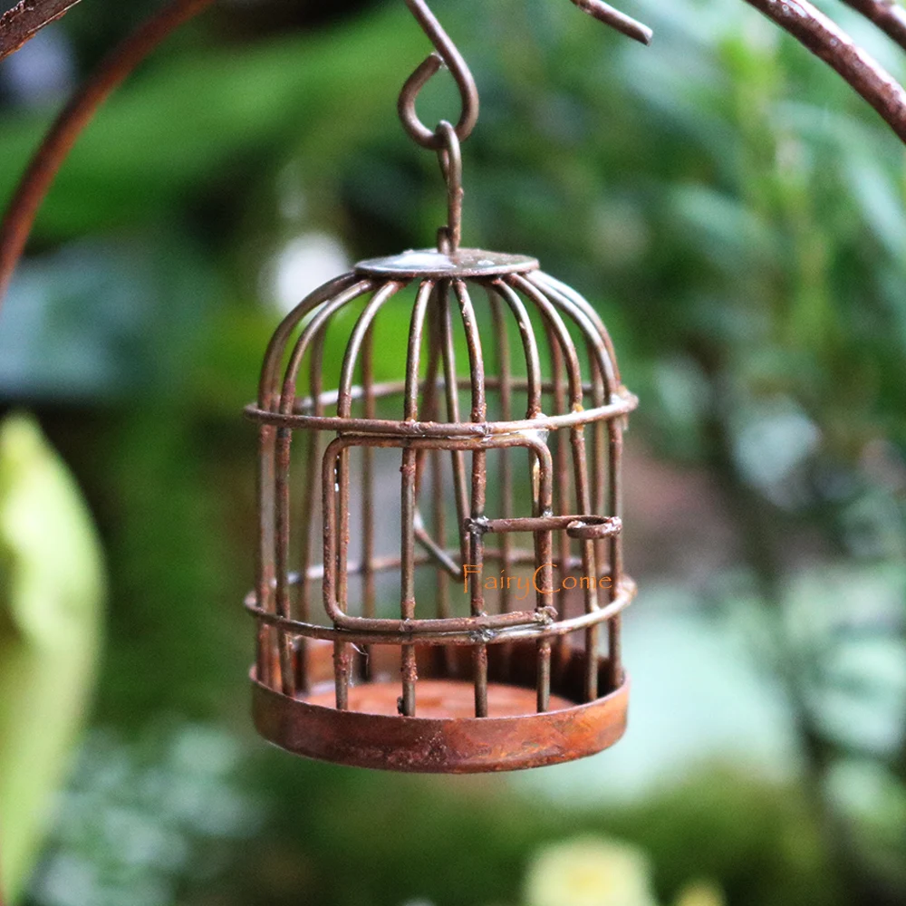 FairyCome Mini Kaimiškas Kabinti Birdcage Miniatiūrinių Sodo Aprūdijęs Alavo Paukštis Narve Metalo Amatų Pasakų Sodo Puošmena Priedai 2