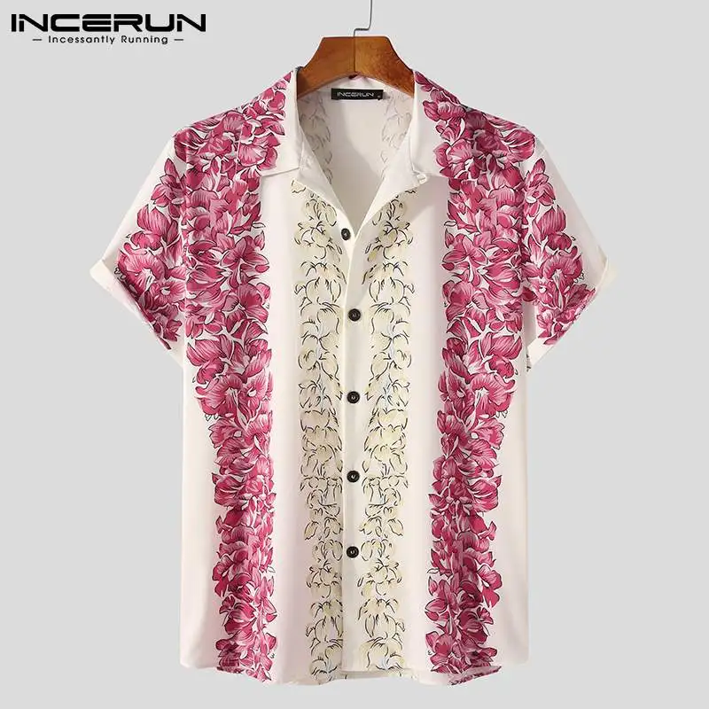 INCERUN 2021 Vyrų Marškinėliai Gėlių Spausdinti Atvartas trumpomis Rankovėmis Mygtuką Kvėpuojantis Vasaros Havajų Marškinėliai Streetwear Atsitiktinis Camisas S-5XL 1