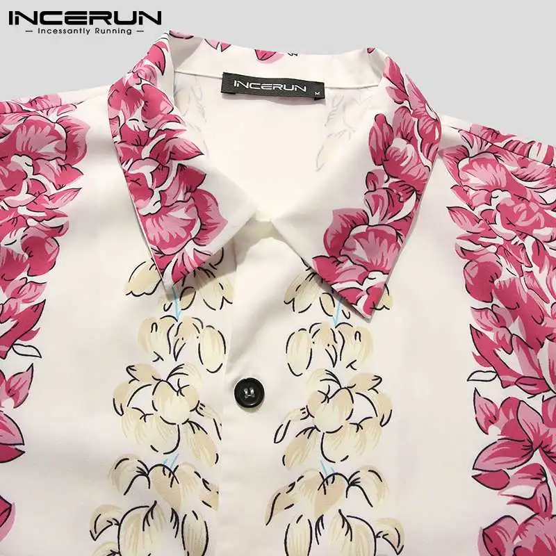 INCERUN 2021 Vyrų Marškinėliai Gėlių Spausdinti Atvartas trumpomis Rankovėmis Mygtuką Kvėpuojantis Vasaros Havajų Marškinėliai Streetwear Atsitiktinis Camisas S-5XL 4