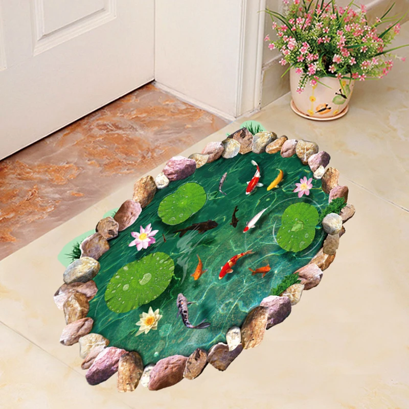 3D lotoso tvenkinys žuvims grindų lipdukas vonios kambarį grindų apdailos freskos namų dekoro, sienų lipdukai, tapetai, lipdukai 2
