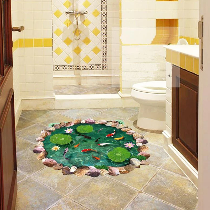 3D lotoso tvenkinys žuvims grindų lipdukas vonios kambarį grindų apdailos freskos namų dekoro, sienų lipdukai, tapetai, lipdukai 3