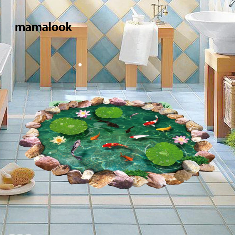 3D lotoso tvenkinys žuvims grindų lipdukas vonios kambarį grindų apdailos freskos namų dekoro, sienų lipdukai, tapetai, lipdukai 4