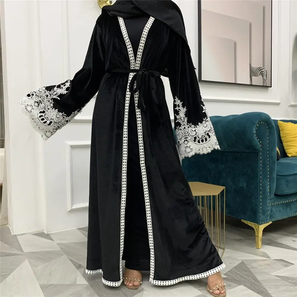 Rudenį, Žiemą Aksomo Kimono Atidaryti Priekiniai Abaja Musulmonų Moterų Nėriniai Kratinys Turkija Dubajus Abaja Ilgas Cardigan Duster Suknelė, Hijab 3