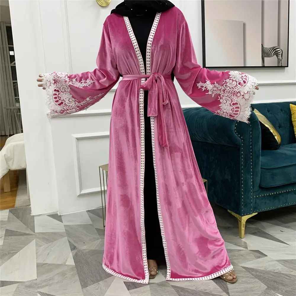 Rudenį, Žiemą Aksomo Kimono Atidaryti Priekiniai Abaja Musulmonų Moterų Nėriniai Kratinys Turkija Dubajus Abaja Ilgas Cardigan Duster Suknelė, Hijab 4
