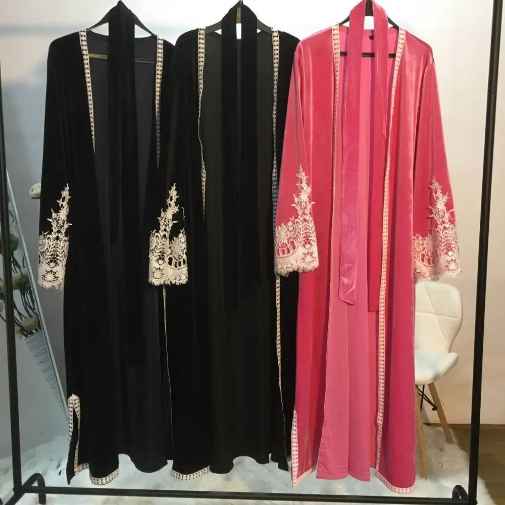 Rudenį, Žiemą Aksomo Kimono Atidaryti Priekiniai Abaja Musulmonų Moterų Nėriniai Kratinys Turkija Dubajus Abaja Ilgas Cardigan Duster Suknelė, Hijab 5