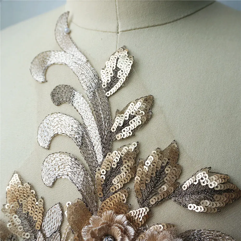 Aukso Nėrinių Audinio China 3D Gėlės, kalnų krištolas Kutas Vestuvių Suknelė Appliques Išsiuvinėti Siūti Pleistras Suknelė 