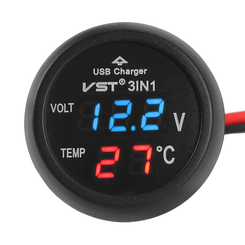 12V/24V Skaitmeninis Matuoklis Stebėti 3in1LED USB VST-706 Automobilinis Įkroviklis Voltmeter Termometras Automobilių Battery Monitor LCD Skaitmeninis Dvigubas Ekranas 1