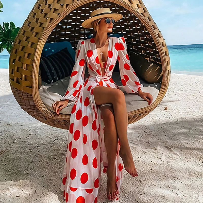 Paplūdimio Suknelė 2021 Bikini Padengti Iki Spausdinimo Maudymosi Kostiumas Moterims Kimono Vasarą Naujų Polka Dot Šifono Paplūdimio Atostogų Suknelė 2