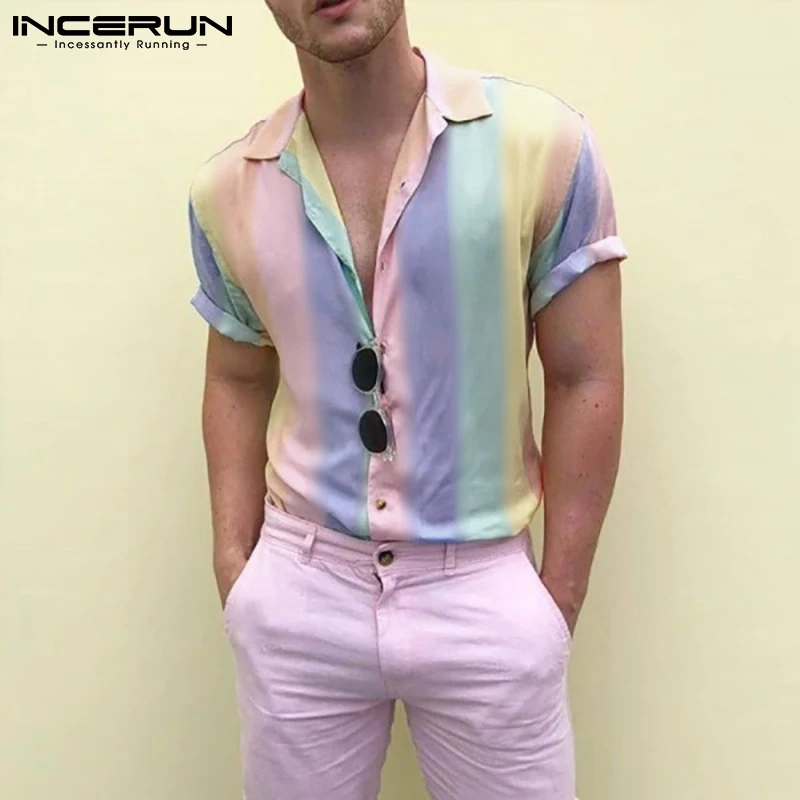 Vasarą Vyrai Havajų Marškinėliai Pasukite Žemyn Apykaklės Trumpas Rankovės Atsitiktinis Camisas Hombre Streetwear 2021 Mados Kaklaraištis Dažų Viršūnes INCERUN S-5XL 0