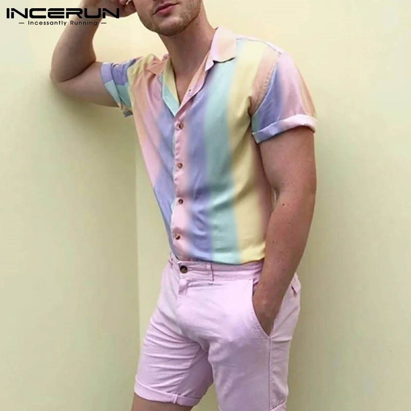 Vasarą Vyrai Havajų Marškinėliai Pasukite Žemyn Apykaklės Trumpas Rankovės Atsitiktinis Camisas Hombre Streetwear 2021 Mados Kaklaraištis Dažų Viršūnes INCERUN S-5XL 3