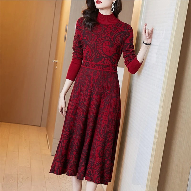 LUKAXSIKAX 2020 Nauja Rudens Žiemos Pusė Moterų Golfo Megzti Ilga Suknelė Aukštos Kokybės Elegantiškas Vintage Megztinis Suknelė 3