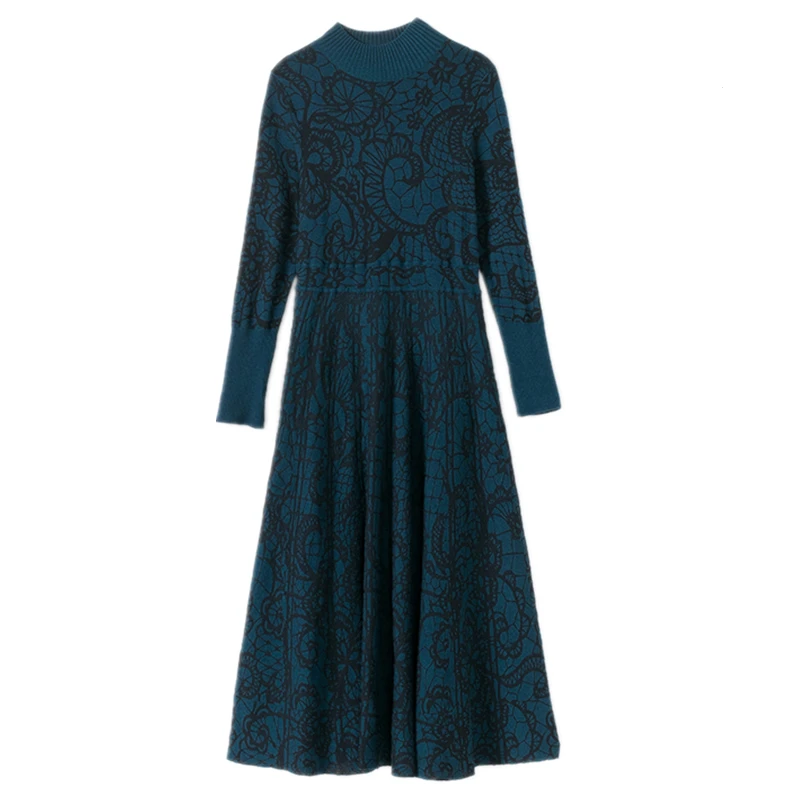 LUKAXSIKAX 2020 Nauja Rudens Žiemos Pusė Moterų Golfo Megzti Ilga Suknelė Aukštos Kokybės Elegantiškas Vintage Megztinis Suknelė 4