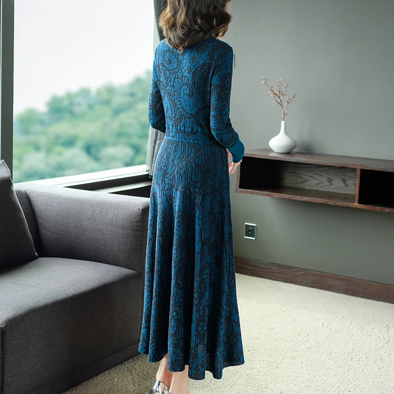 LUKAXSIKAX 2020 Nauja Rudens Žiemos Pusė Moterų Golfo Megzti Ilga Suknelė Aukštos Kokybės Elegantiškas Vintage Megztinis Suknelė 5