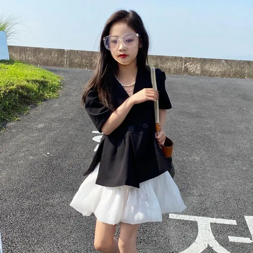 Korėjos stiliaus Baby girl juodas švarkas viršūnes + sijonai 2 vnt rinkinius vaikams, Uždusęs sijonas 2021 m. vasarą naujas mados kostiumai vaikams drabužių w228 0