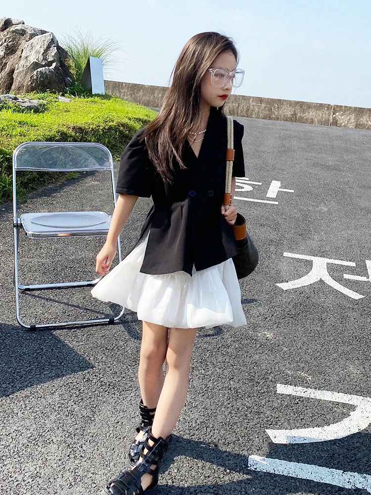 Korėjos stiliaus Baby girl juodas švarkas viršūnes + sijonai 2 vnt rinkinius vaikams, Uždusęs sijonas 2021 m. vasarą naujas mados kostiumai vaikams drabužių w228 1